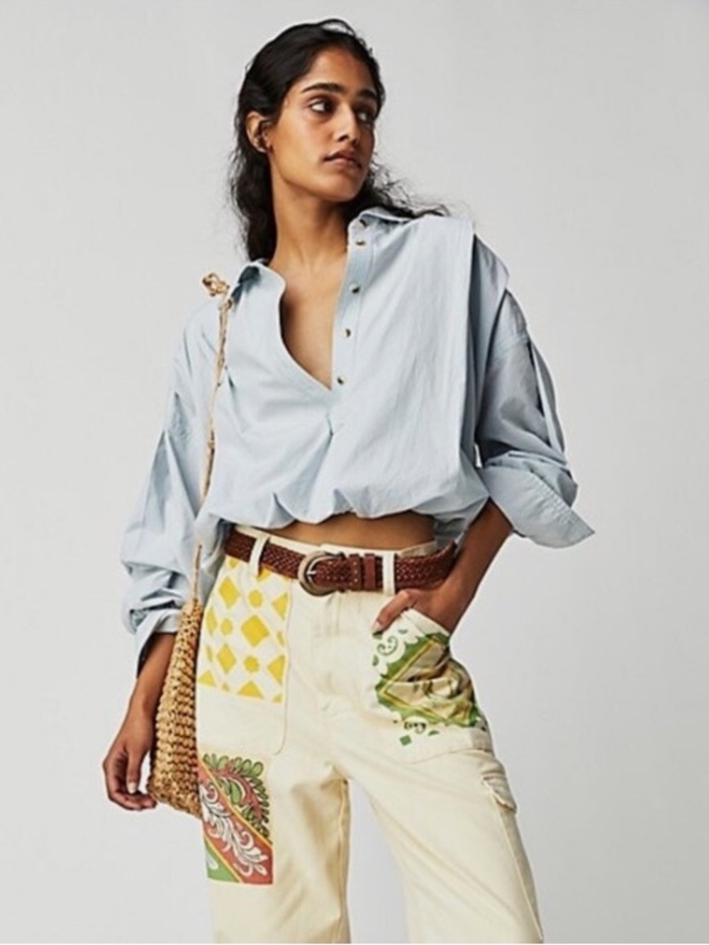 FREE PEOPLE- Light Blue Striped Bubble-Hem Button Top - Picture 2 of 12